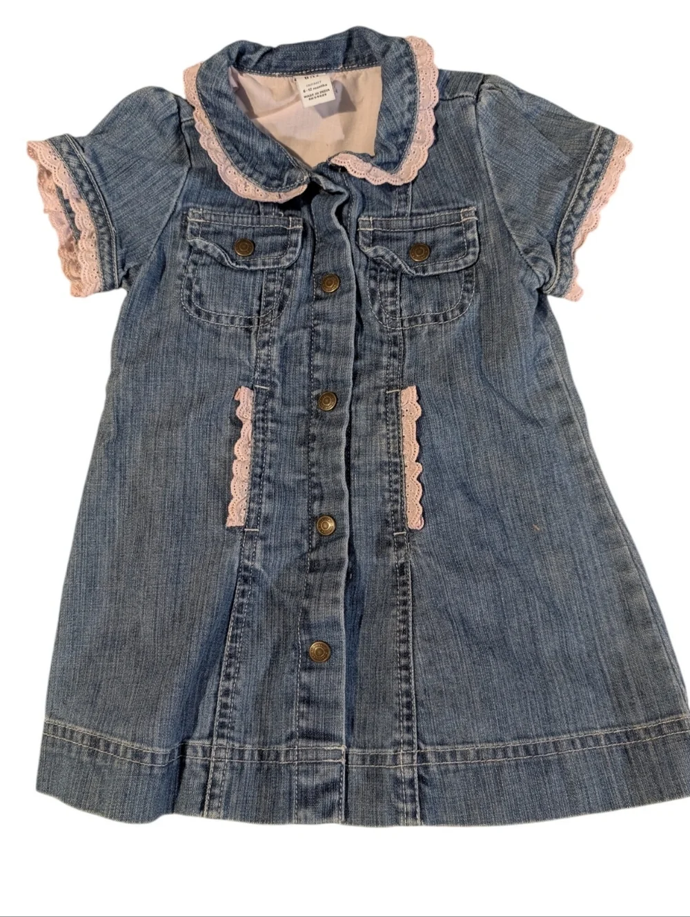 Baby Gap Y2K Infant Girls‎ Denim Pink Lace Eyelet Trim Cotton Dress 6/12 Months